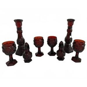 Vintage Ruby Red Glassware Set with Goblets and Candlesticks